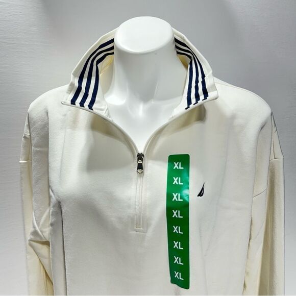 Nautica Ladies Quarter Zip Pullover Off White Blue Stripe Neck Boat XL - Picture 10 of 11